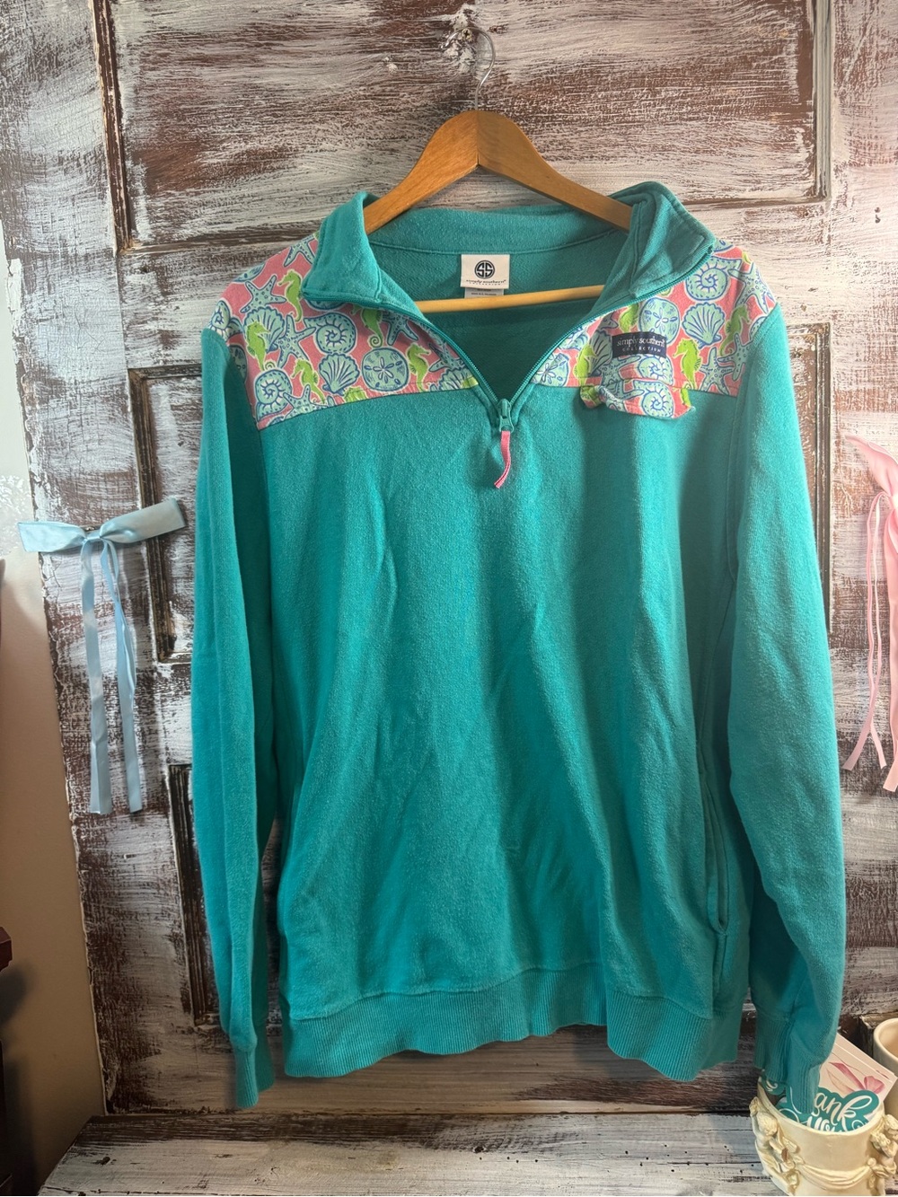 Simply Southern Teal Half-Zip Pullover with Pink & Lime Patterned Yoke